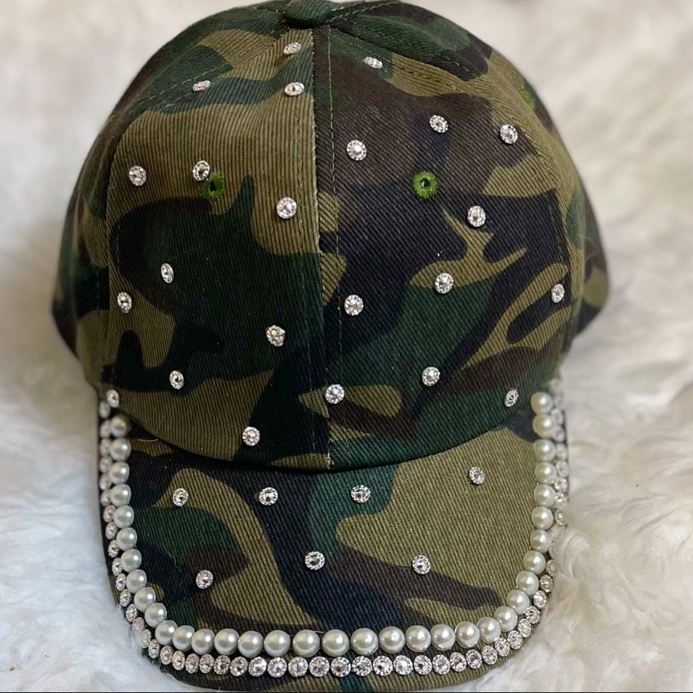 Camo Bling Rhinestone & Pearl Embellished Baseball Cap Hat NEW - Picture 10 of 12